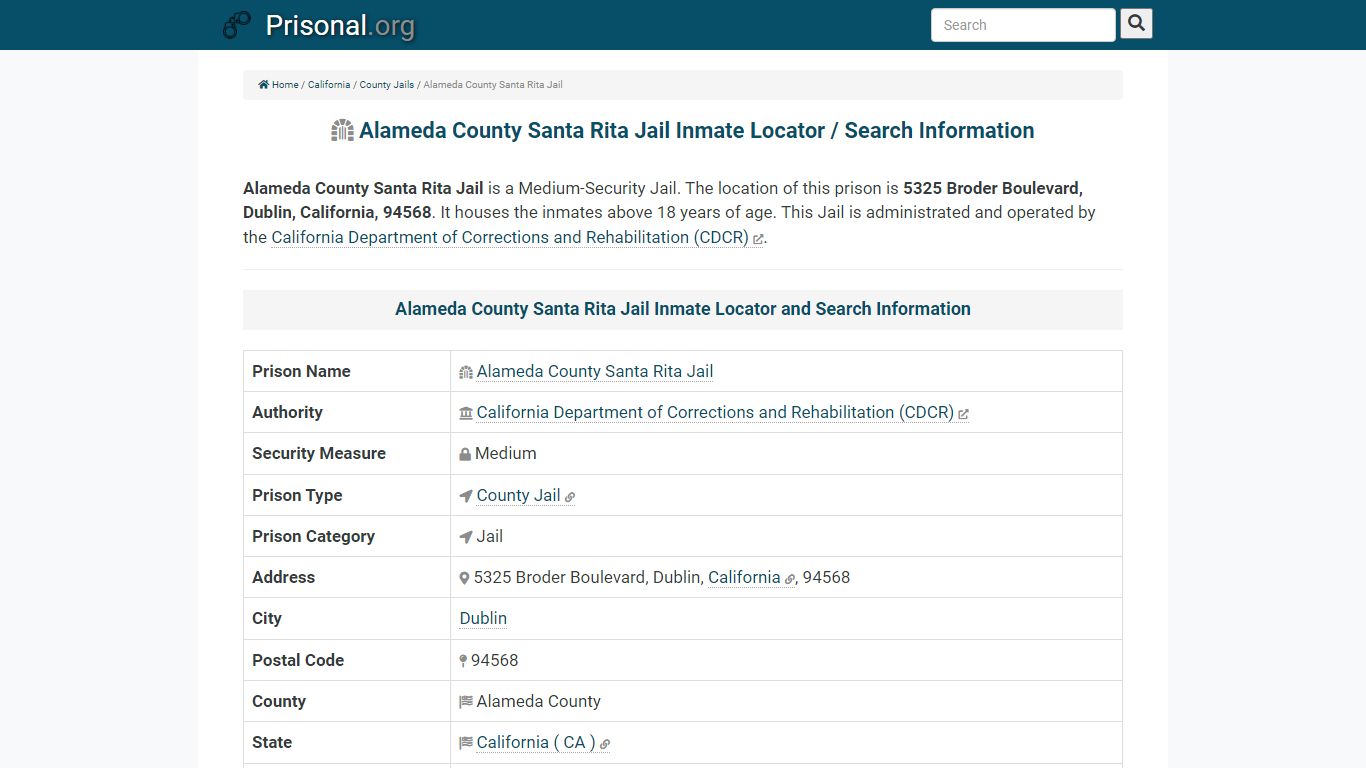 Alameda County Santa Rita Jail-Inmate Locator/Search Info ...